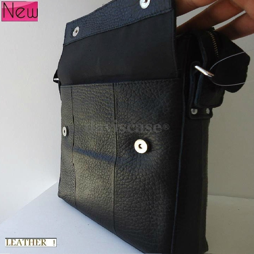 Black genuine full leather men's shoulder sling bag by DAVISCASE with rugged vintage crossbody design.
