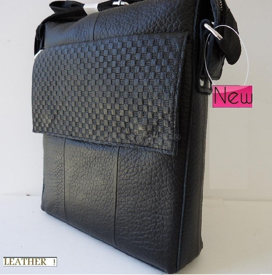 Genuine full leather men's shoulder bag in black with rugged vintage crossbody design, by DAVISCASE.
