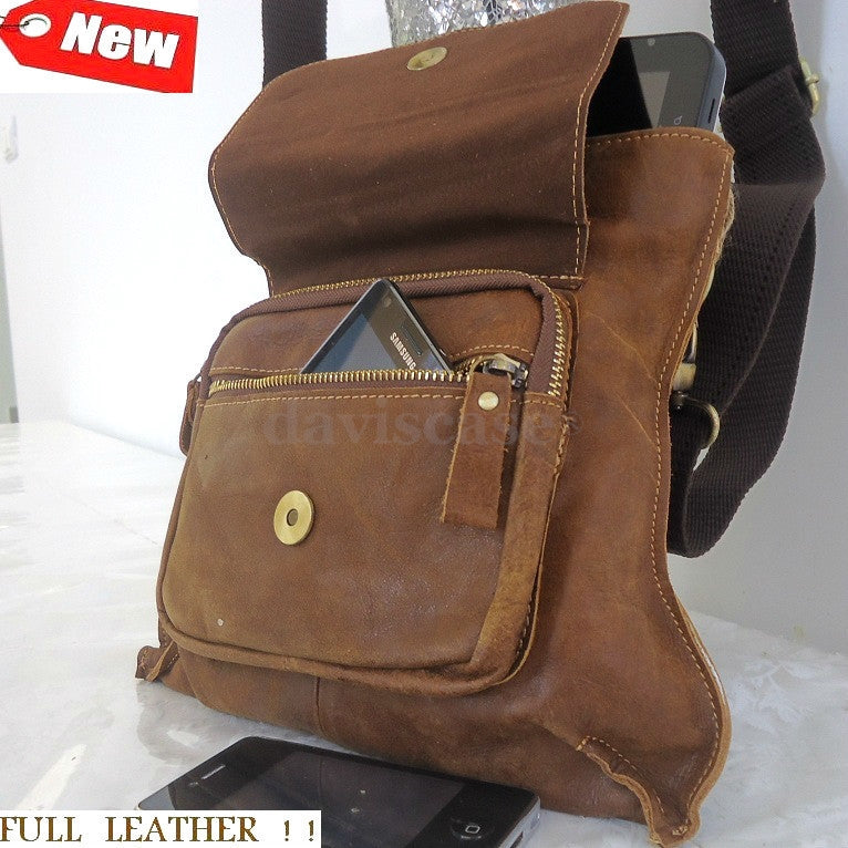 Mens genuine leather messenger bag with retro design, featuring a notebook compartment, in dark brown with brass hardware.