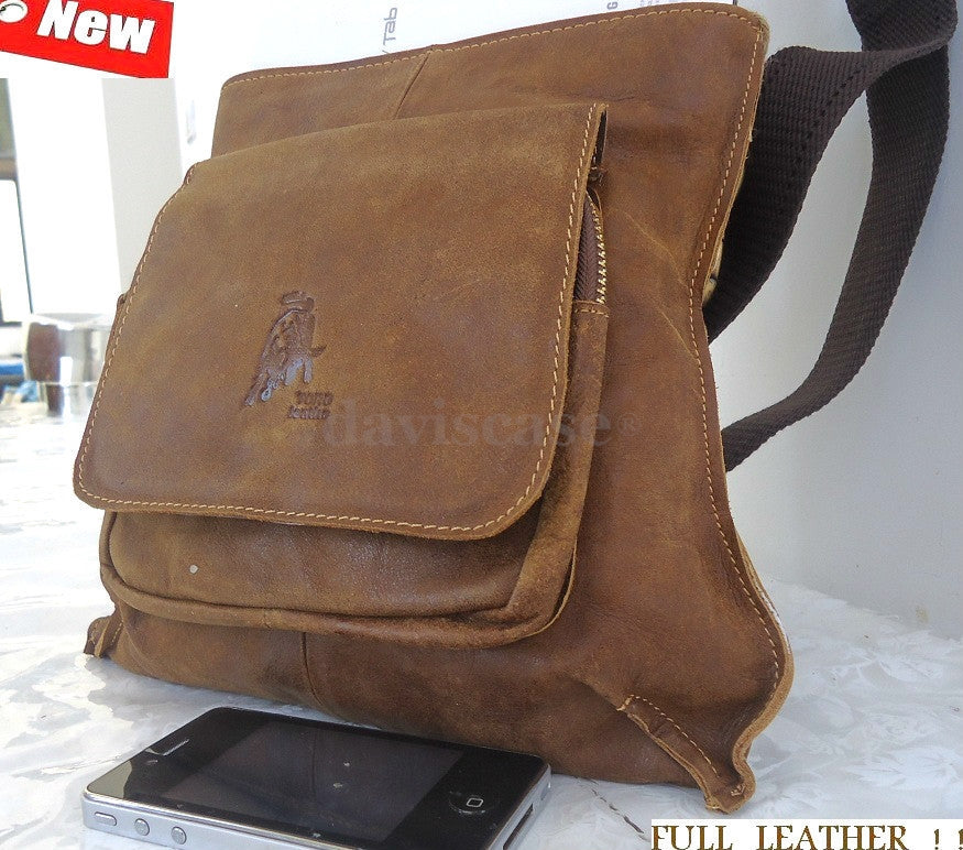 Mens genuine leather messenger bag, vintage-style notebook handbag for men and women, black leather with retro design.