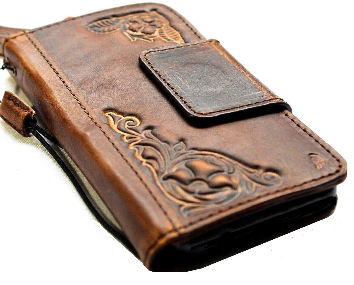 Handmade genuine leather phone wallet case for Apple iPhone 11-15 Pro Max, with ID window and credit card slots, vintage style by DAVISCASE.