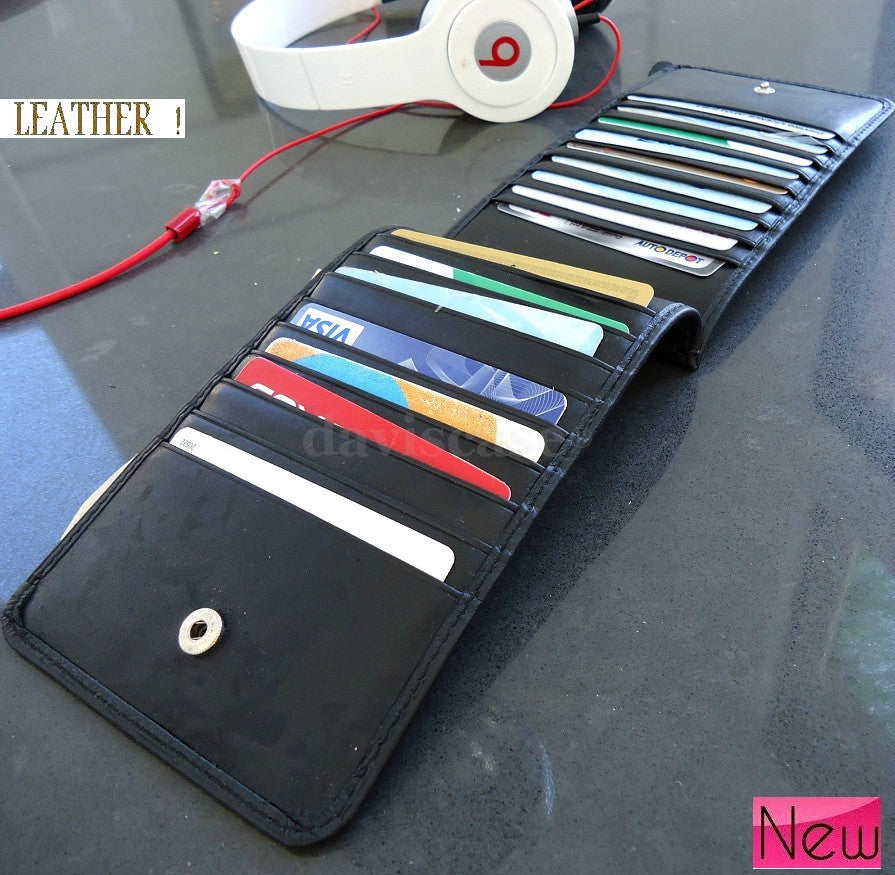 Black DAVISCASE genuine leather wallet with 18 slots for credit cards and IDs, slim and handmade for men and women.
