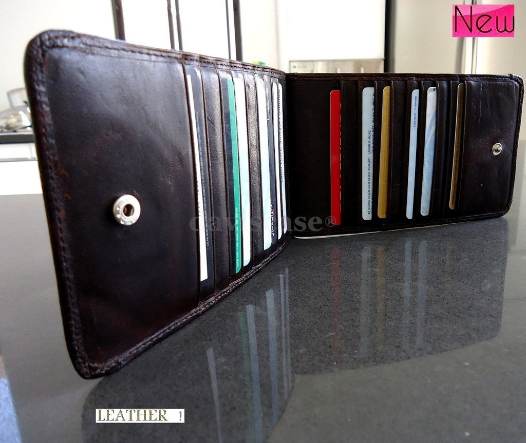 Dark brown genuine leather men's and women's credit card wallet with 18 card slots, slim handmade design, and ID holder.