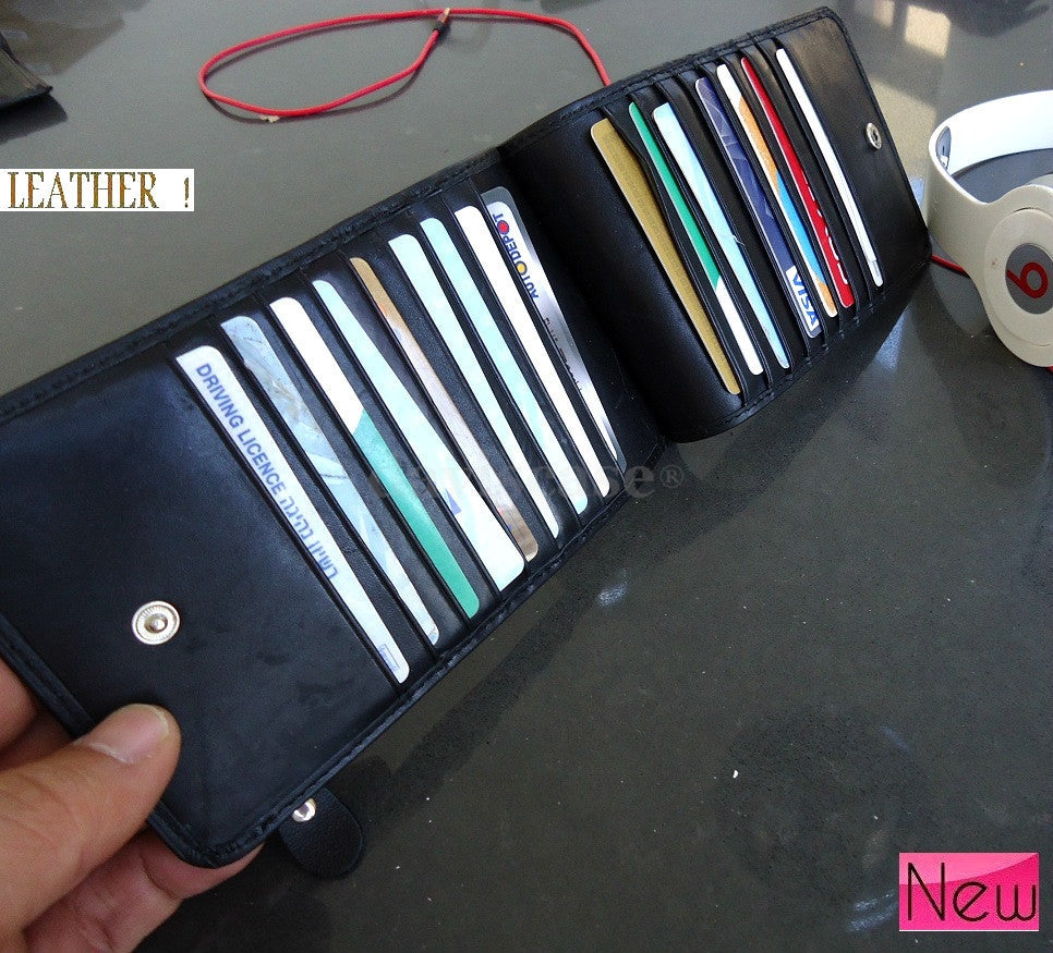 Black genuine leather DAVISCASE men's and women's credit card wallet with 18 slots, slim design, handmade ID holder bag.