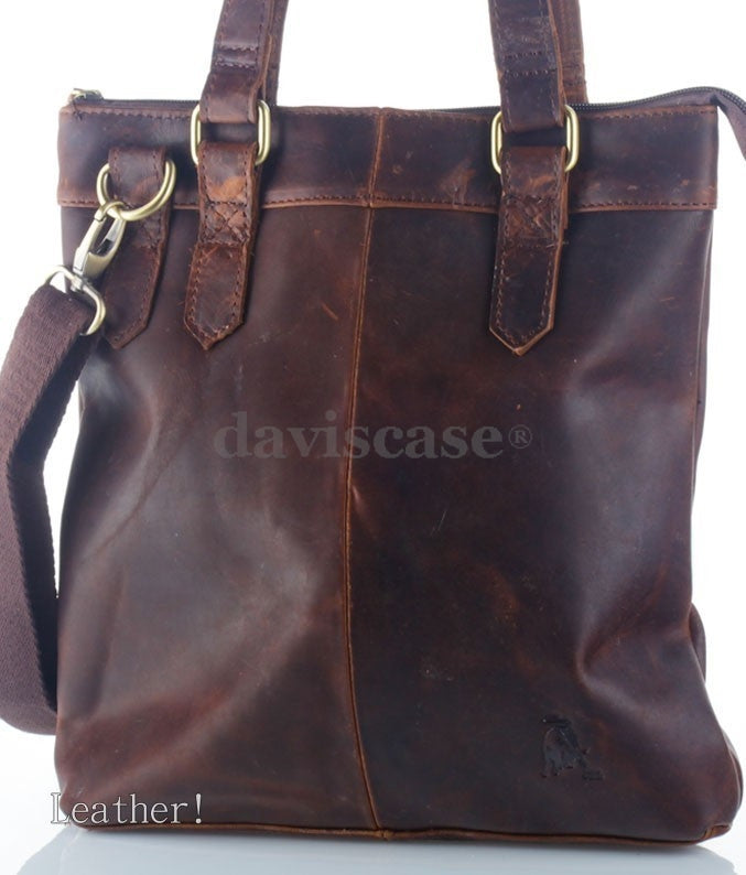 Men's vintage style DAVISCASE leather messenger bag for iPad and laptop, dark retro genuine leather with classic design.