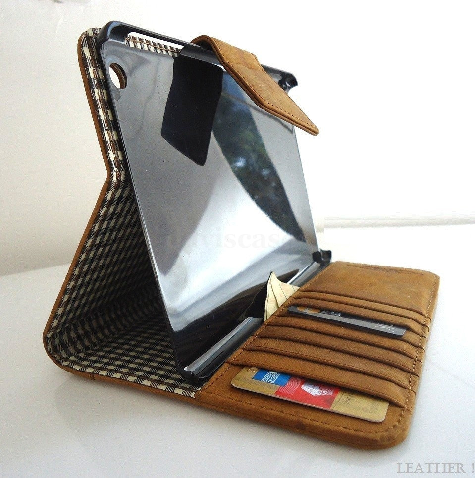 Brown genuine leather iPad mini 2/3 case cover with handbag style, magnetic closure, and built-in stand from DavisCase.