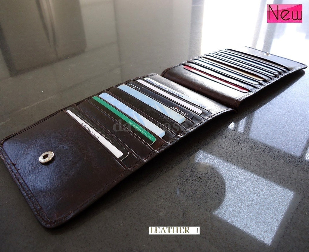 Dark brown genuine leather credit card holder wallet with 18 card slots, slim design, handmade for men and women.