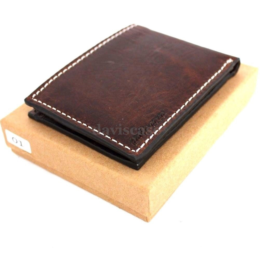 Men's genuine leather wallet by DAVISCASE with 6 credit card slots and a bill compartment, handmade in brown leather.