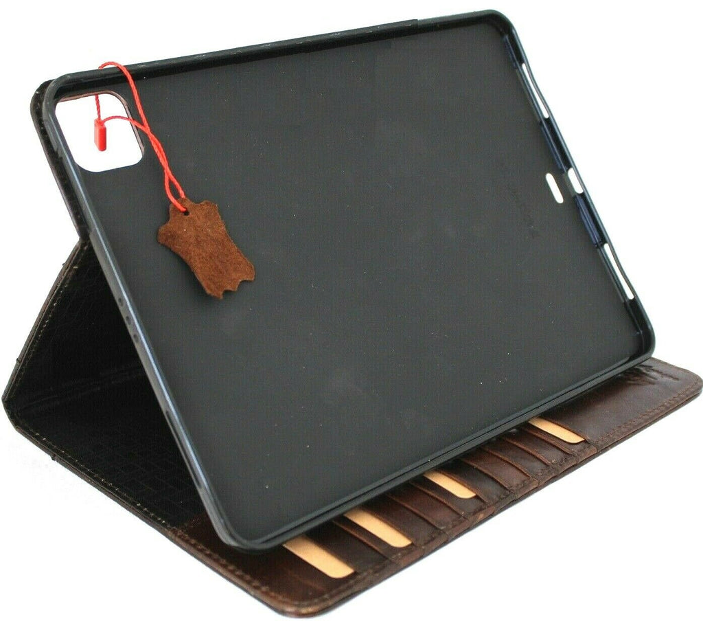 Dark brown genuine leather iPad Pro 12.9 (2021) case with stand, magnetic closure, card slots, for DAVISCASE A2379 A2461.
