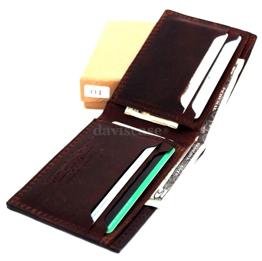 Men's genuine leather wallet by DAVISCASE with 6 credit card slots, 1 bill compartment, handmade, slim brown design.