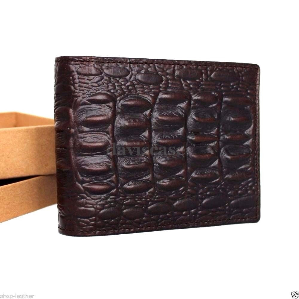 Men's genuine Italian leather money clip wallet with coin pocket and crocodile texture, designed for credit cards and cash storage.