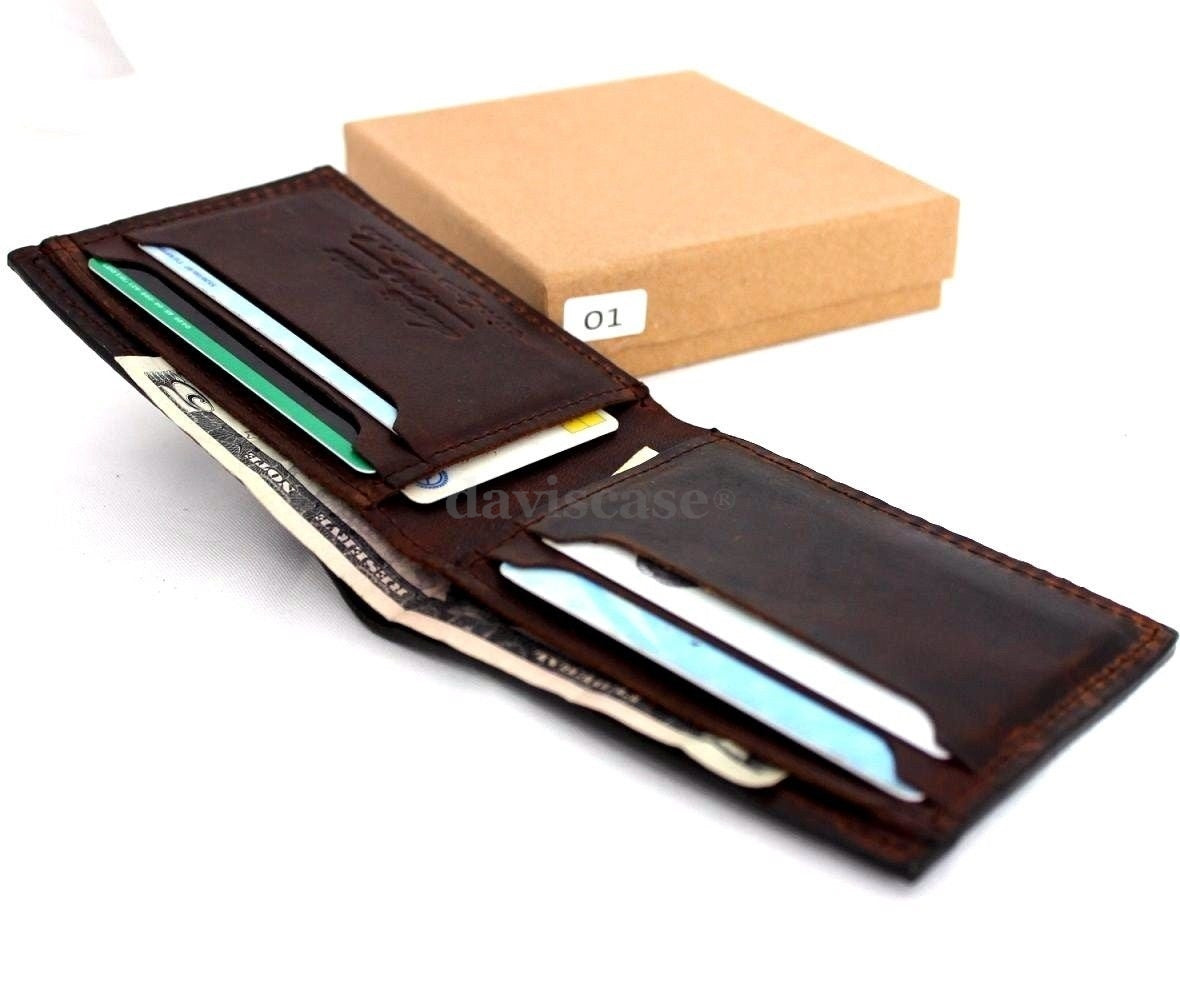 Men's brown genuine leather wallet by DAVISCASE with 6 credit card slots and a bill compartment, handcrafted and slim.