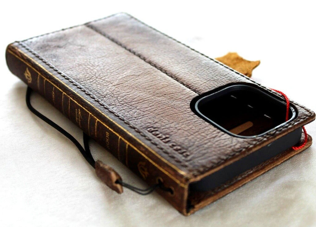 Handmade genuine leather phone case for Galaxy S22, S21, Note 20, A53, and A12; vintage style with wallet and Bible cover design.