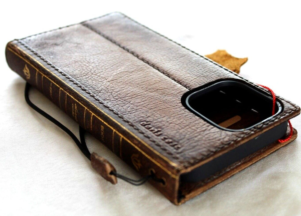 Handmade genuine leather phone case for Galaxy S22, S21, Note 20, A53, and A12; vintage style with wallet and Bible cover design.
