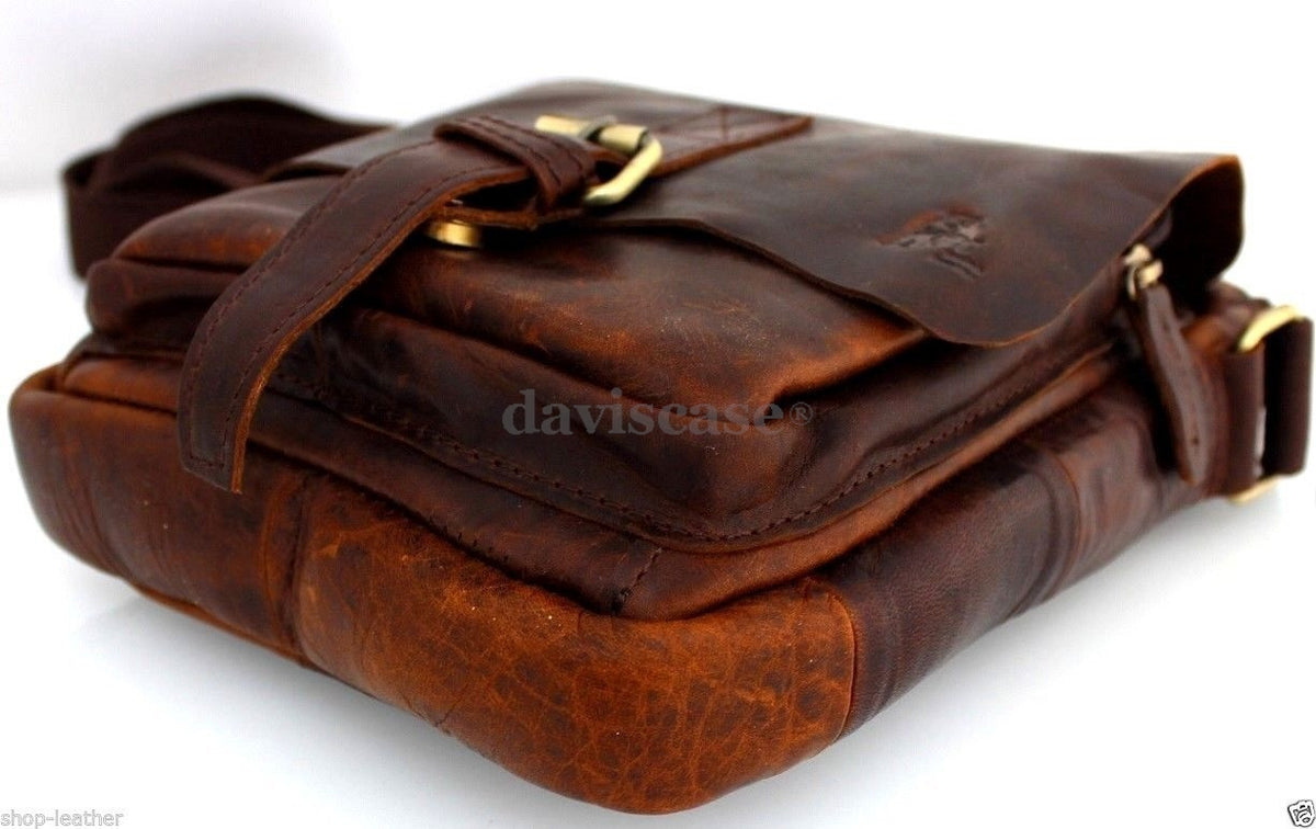 Genuine vintage brown leather men's shoulder satchel bag with crossbody strap, handcrafted hobo style for tablets and everyday use.