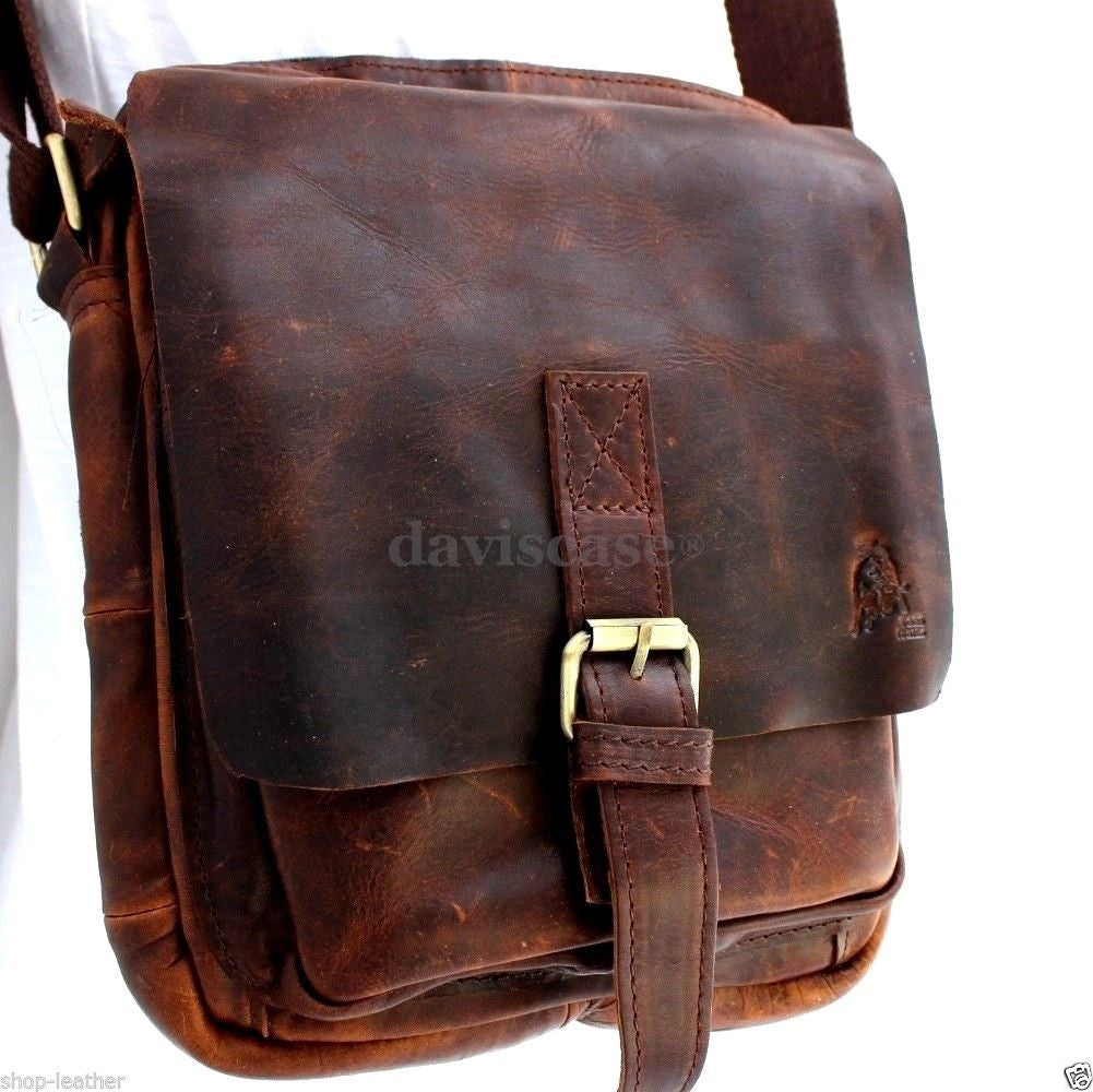 Men's vintage brown leather shoulder satchel bag with crossbody strap, handcrafted hobo purse designed for 10-inch tablets by DAVISCASE.