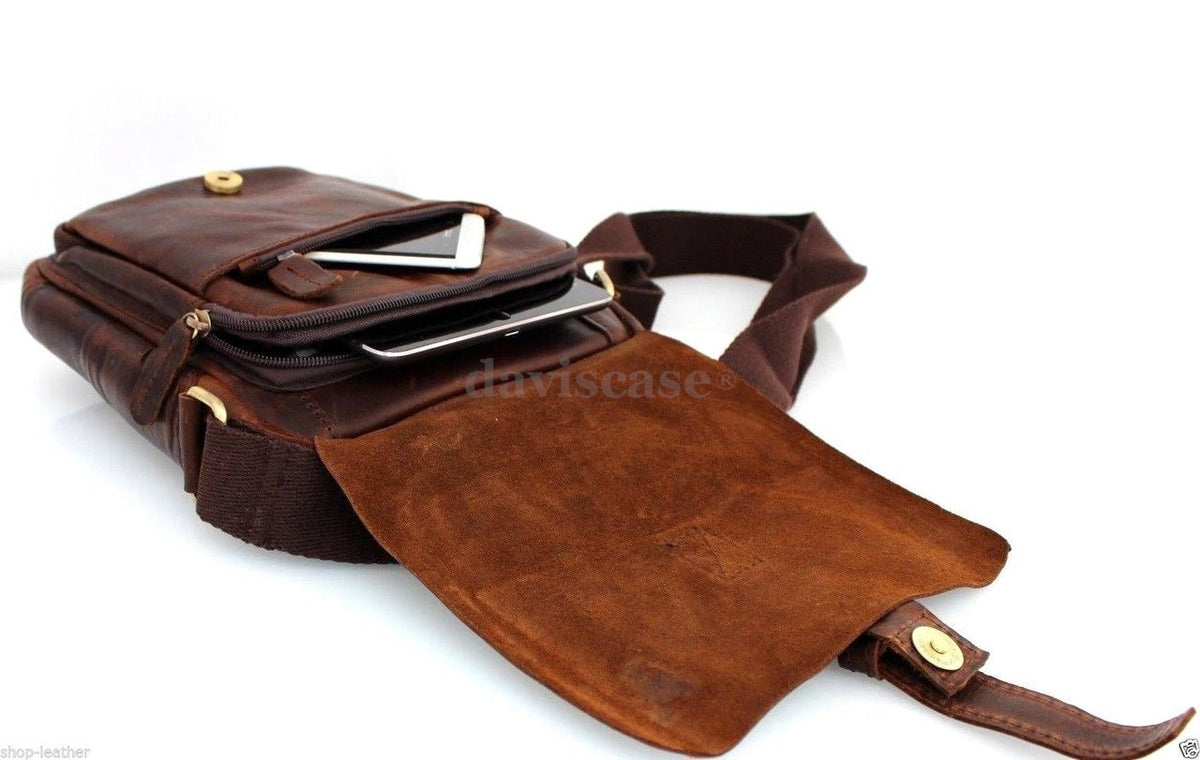 Men's vintage brown leather shoulder satchel bag by DAVISCASE, crossbody messenger bag with a 10-inch tablet pocket and handcrafted design.