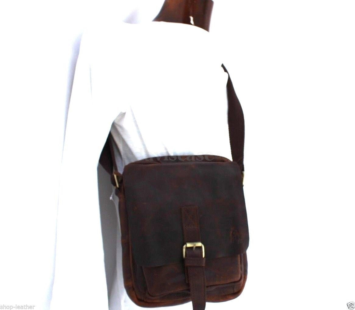 Men's vintage leather shoulder satchel bag by DAVISCASE with crossbody strap, brown handcrafted hobo purse for 10-inch tablet.