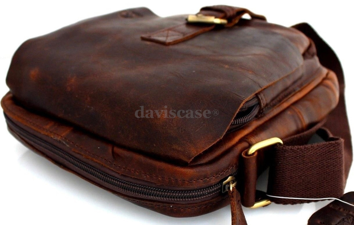 Men's vintage leather shoulder satchel bag by DAVISCASE, handcrafted brown messenger crossbody purse with 10-inch tablet compartment.