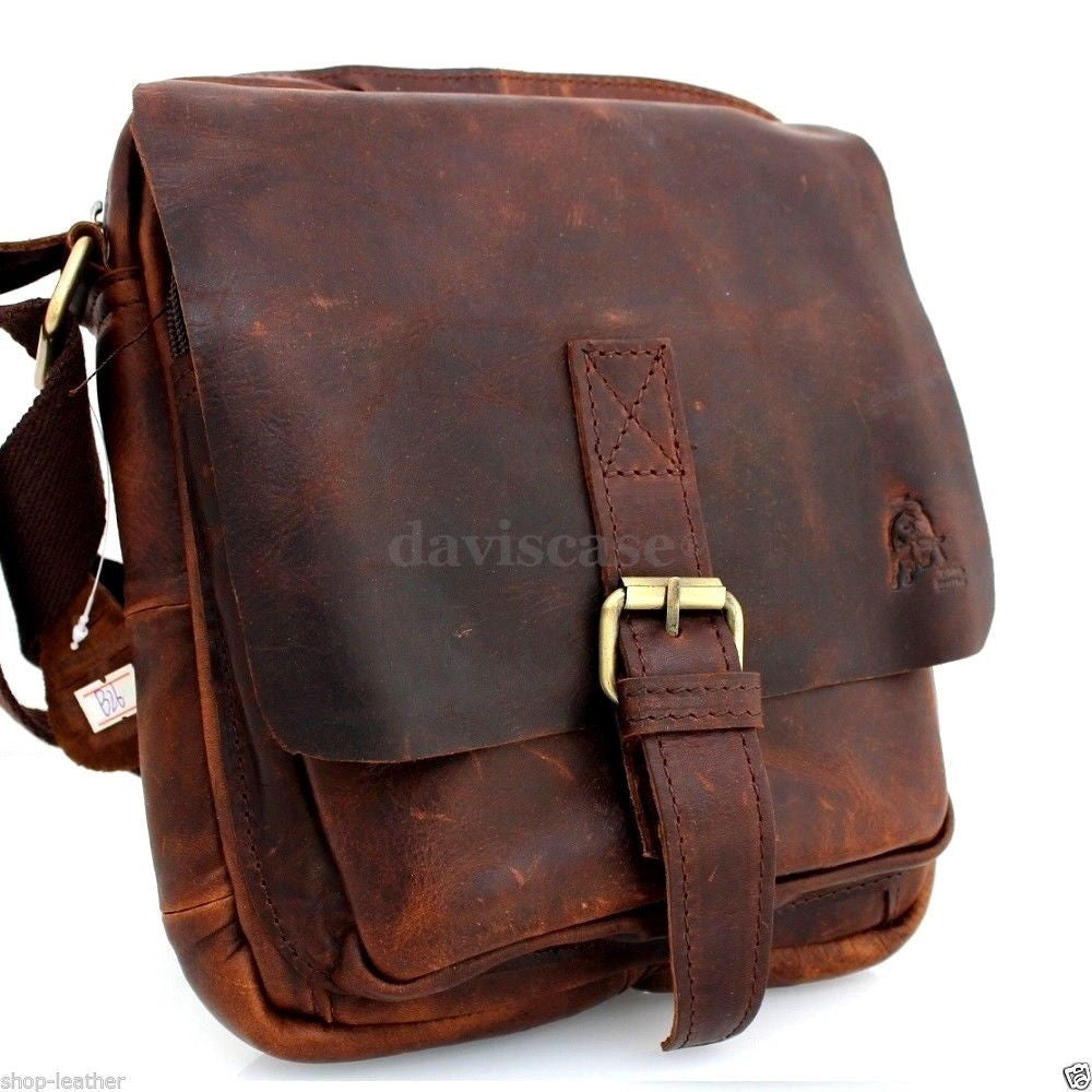 Men's vintage brown leather shoulder satchel bag by DAVISCASE, handcrafted crossbody messenger purse with 10-inch tablet compartment.