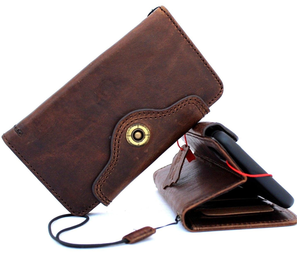 Handmade genuine oiled leather iPhone XS Max wallet case with soft holder, vintage-style book cover design.