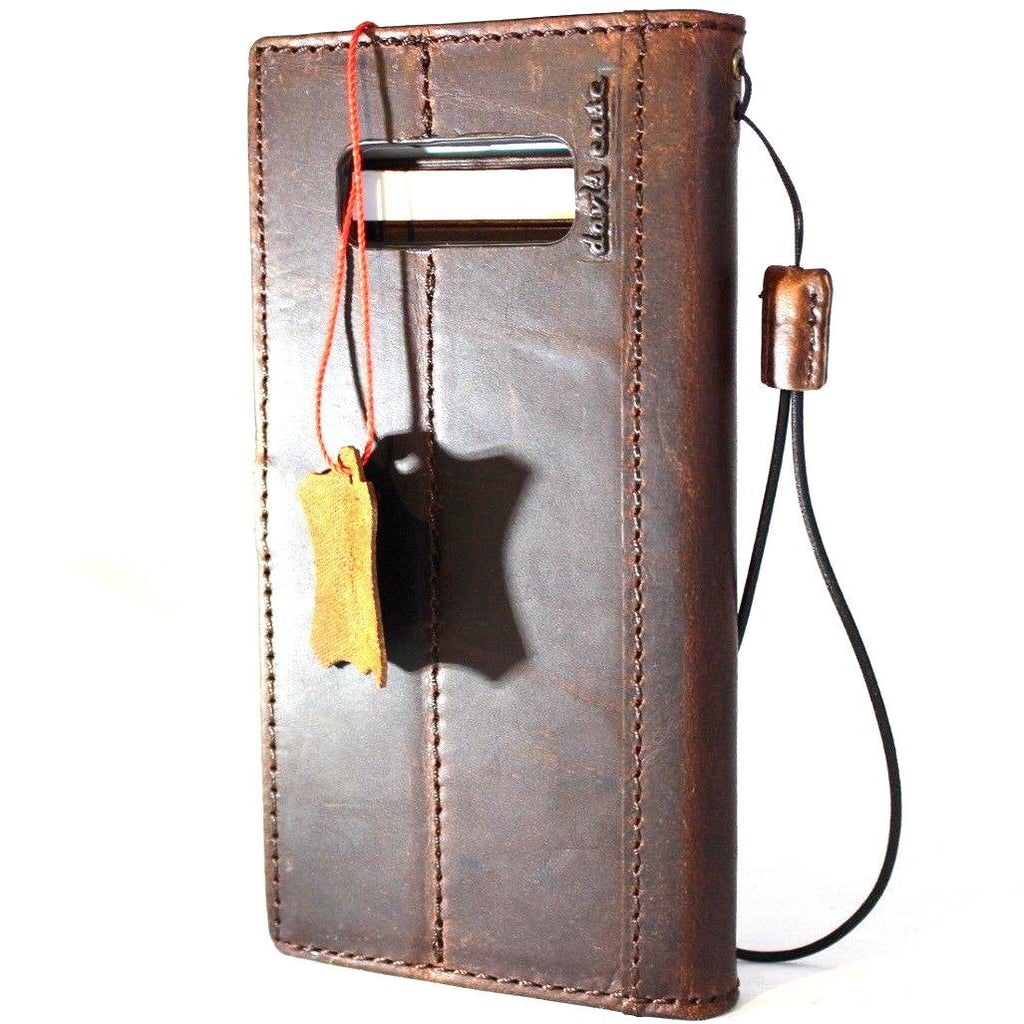 Dark brown genuine vintage leather Samsung Galaxy Note 8 wallet case with magnetic closure, card slots, stand feature, slim design.