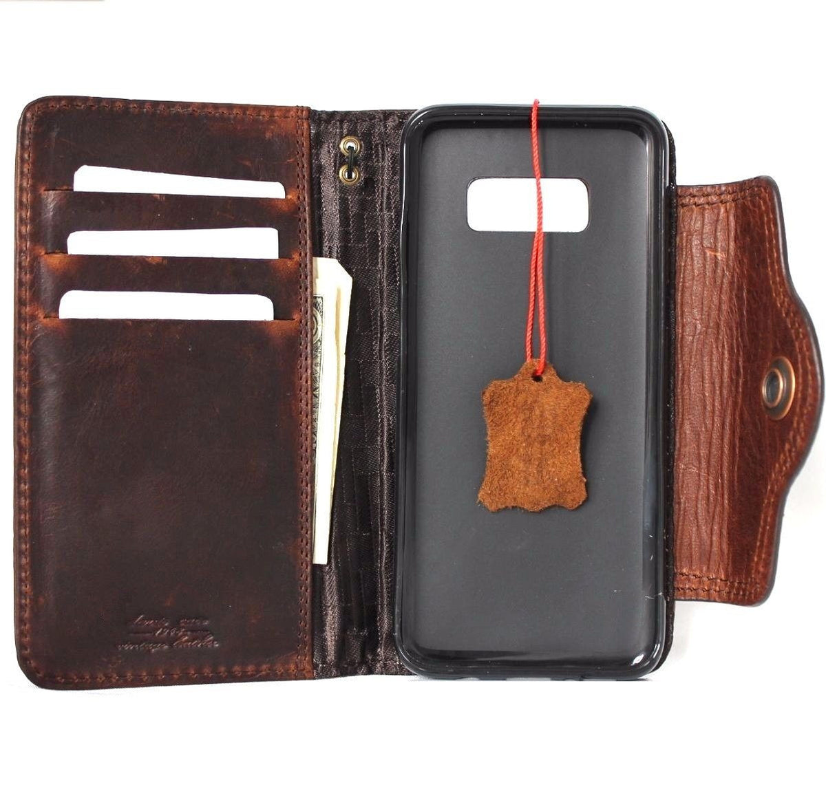 Genuine leather Samsung Galaxy S8 wallet case with magnetic closure, slim design, handmade phone cover featuring card slots.