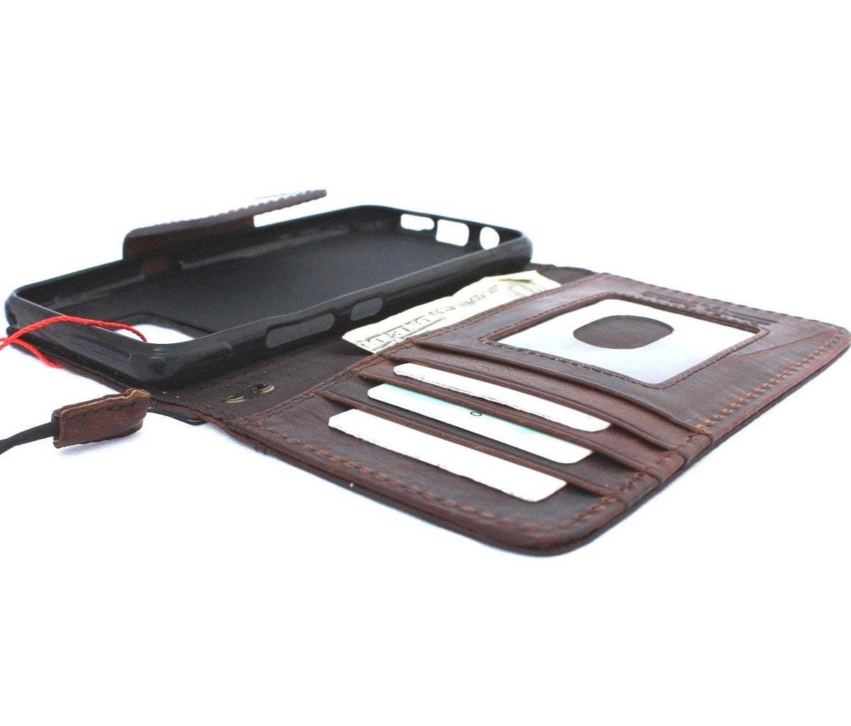 Handmade genuine Italian oiled leather Samsung Galaxy S8 Active wallet case with magnetic closure and card slots.