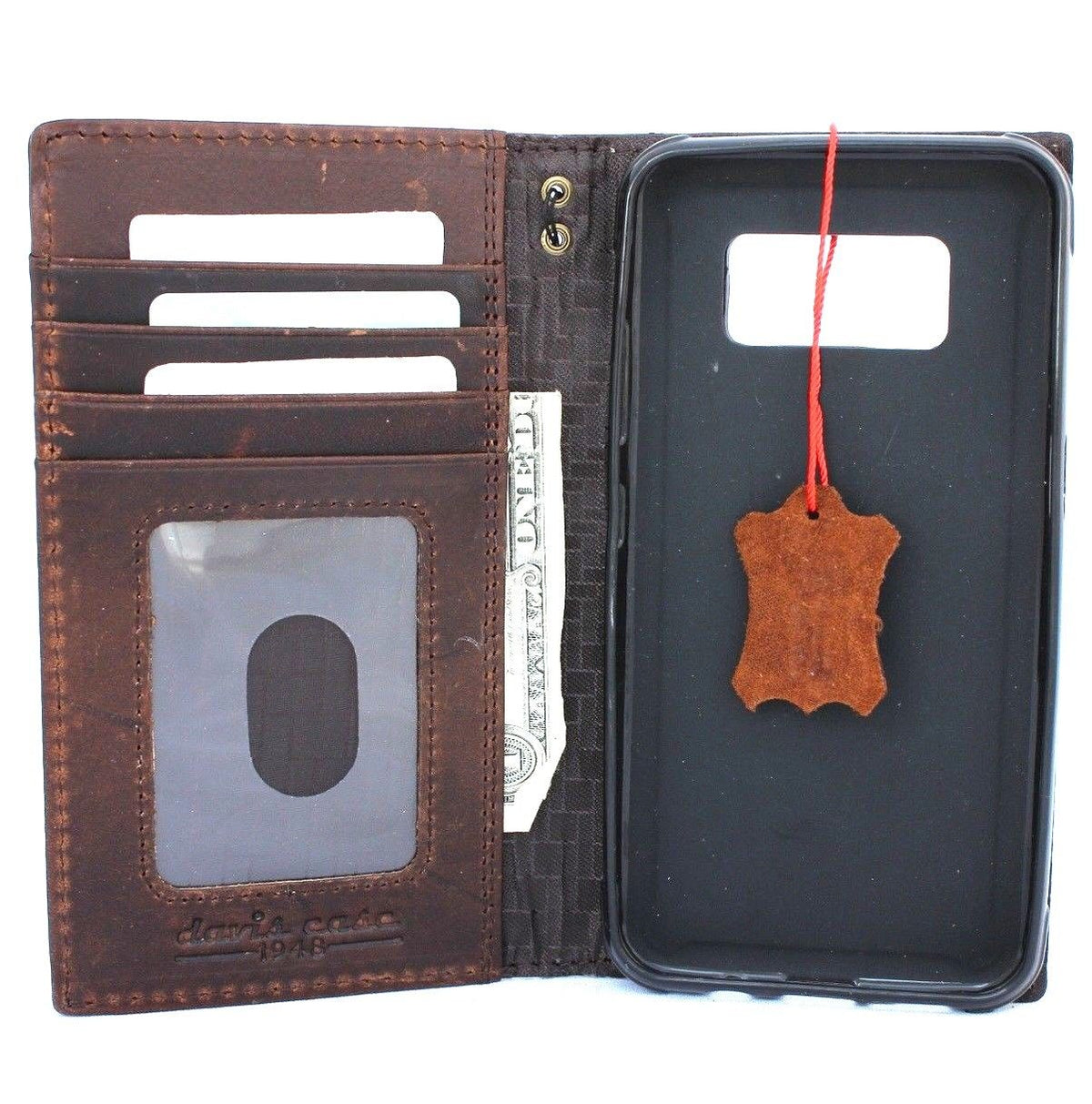 Genuine leather Samsung Galaxy S8 Active wallet case with magnetic clasp and card slots, handmade sport design.