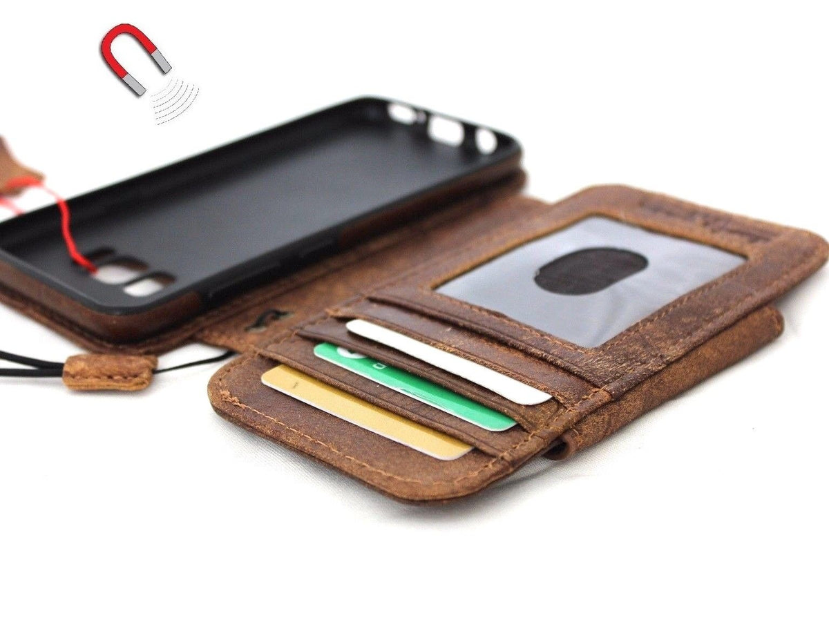 Genuine handmade brown leather Samsung Galaxy S8 Plus wallet case with removable card slots and window display, slim design.