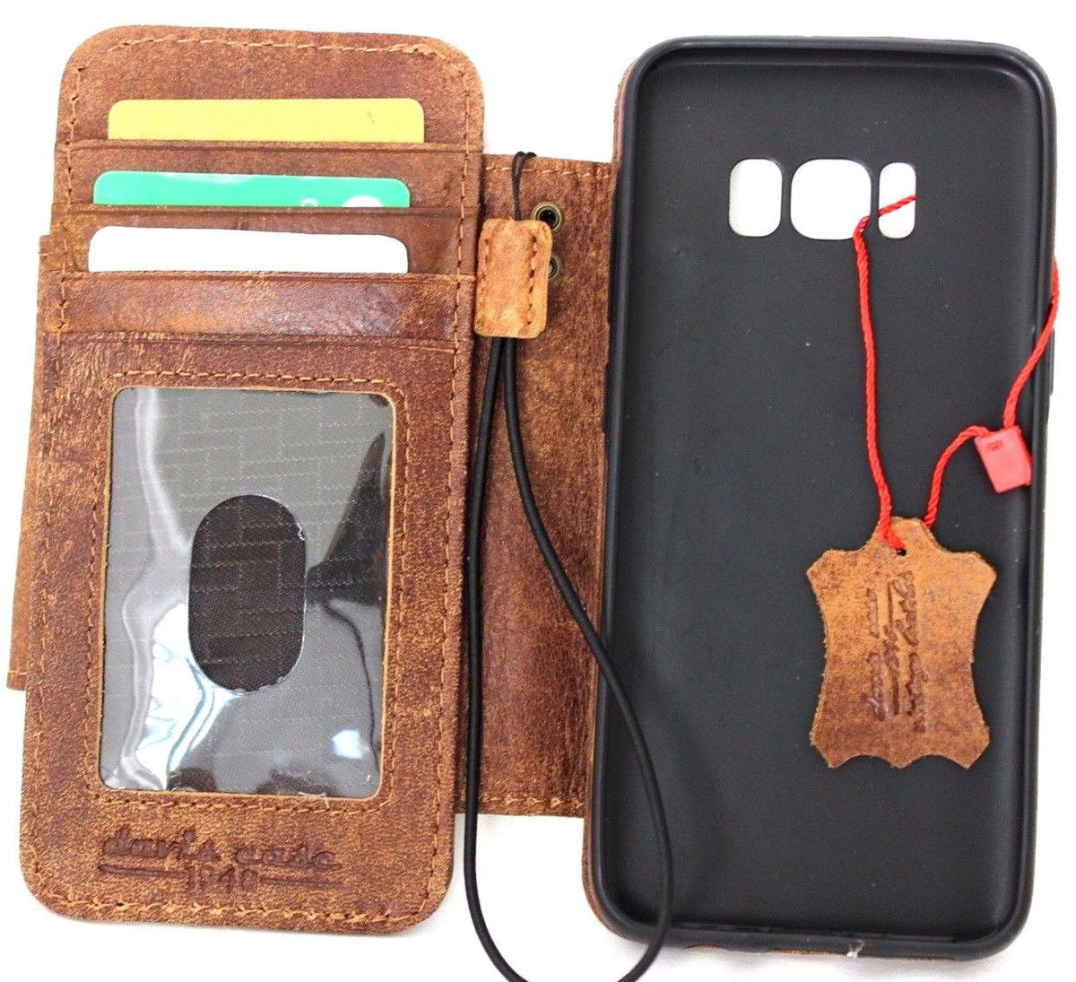 Handmade brown leather wallet case for Samsung Galaxy S8 Plus with removable card slots and window display, slim and retro style.