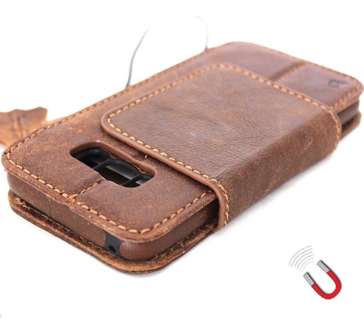 Handmade brown leather wallet case for Samsung Galaxy S8 Plus with removable card slots and window display, slim design.