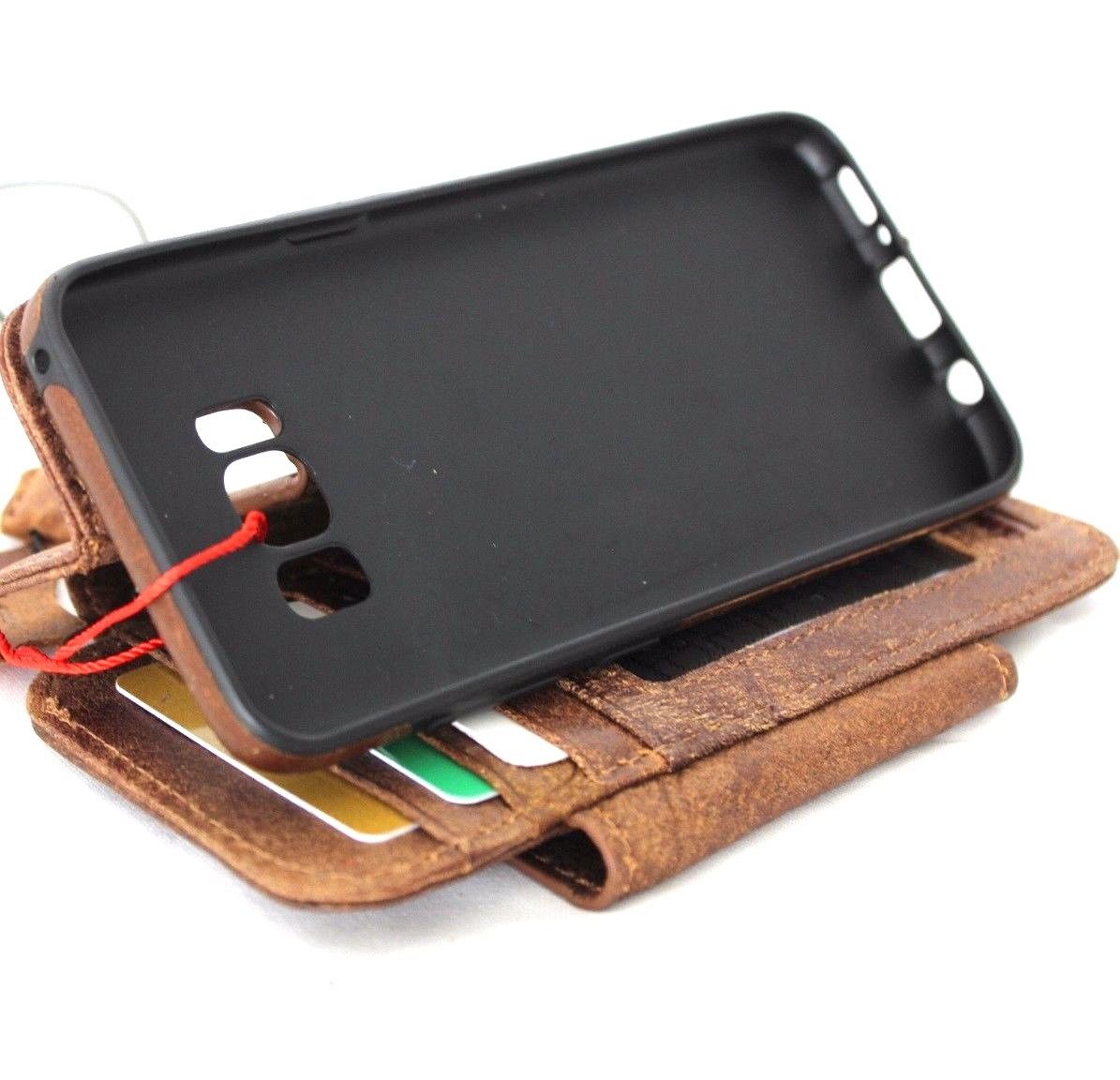 Genuine handmade brown leather wallet case for Samsung Galaxy S8 Plus with card slots, window view, slim design, and removable card holder.