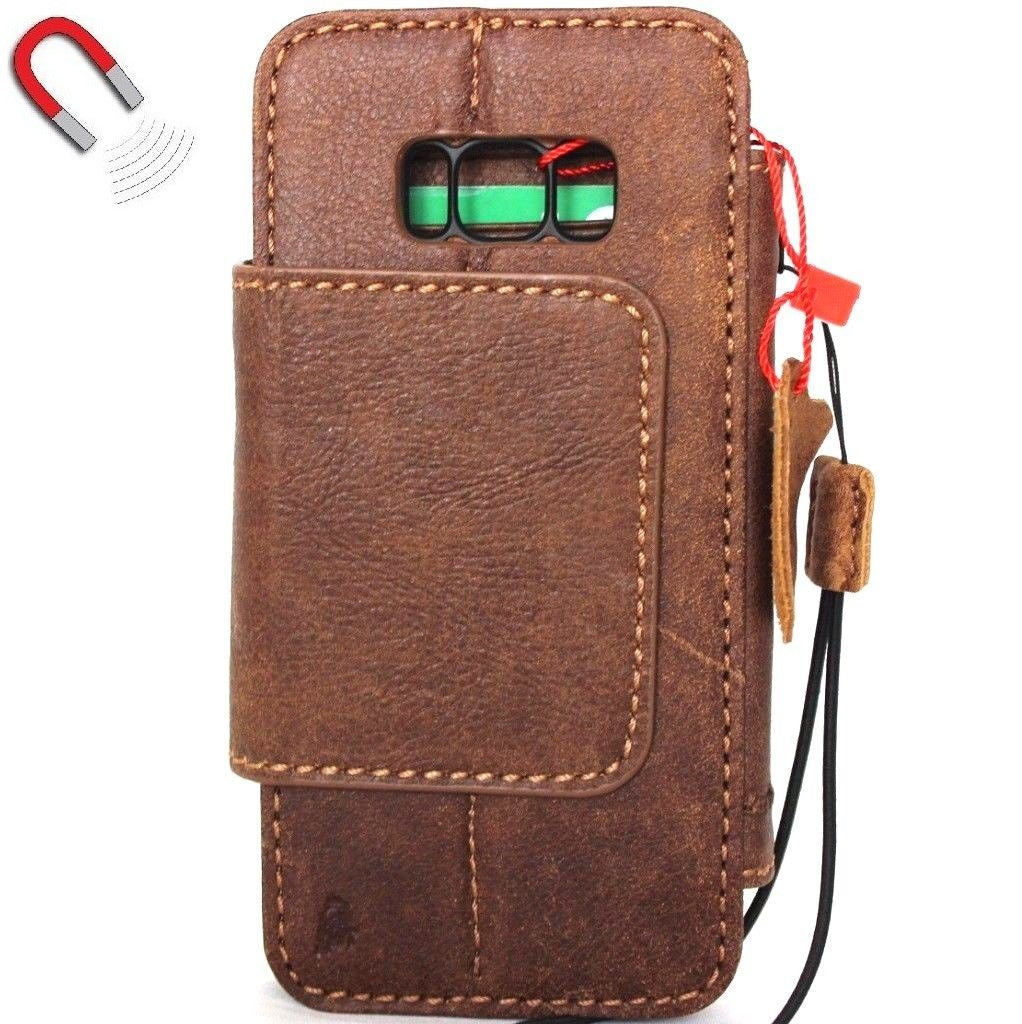 Handmade brown leather wallet case for Samsung Galaxy S8 Plus with card slots and window, slim and removable card holder.