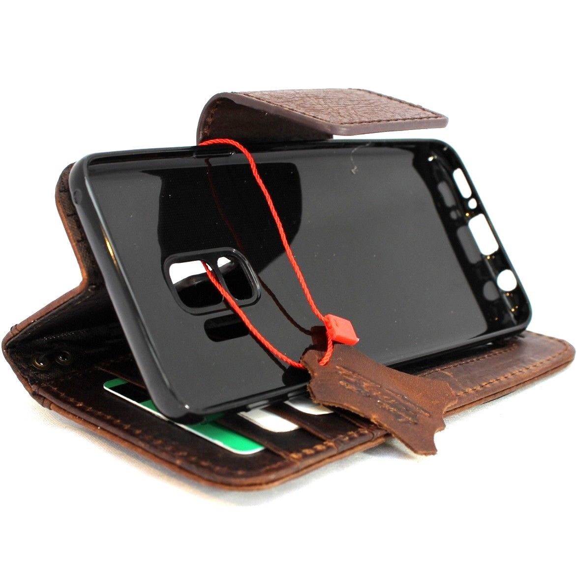 Genuine vintage brown leather Samsung Galaxy S9 Plus wallet case with magnetic closure, card slots, and strap by DAVISCASE