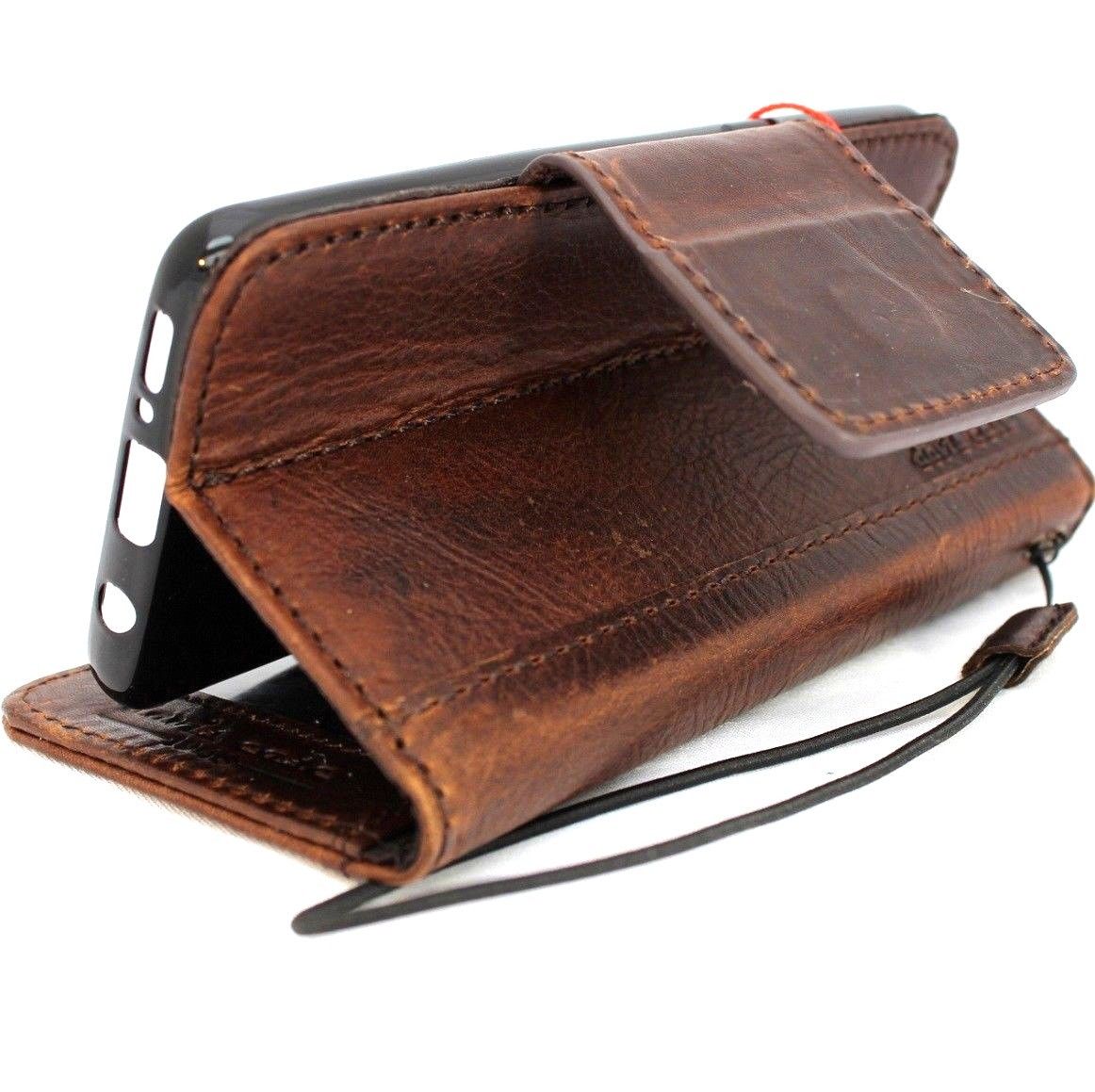 Genuine vintage brown leather Samsung Galaxy S9 Plus wallet case with magnetic closure, card slots, and strap by DAVISCASE.