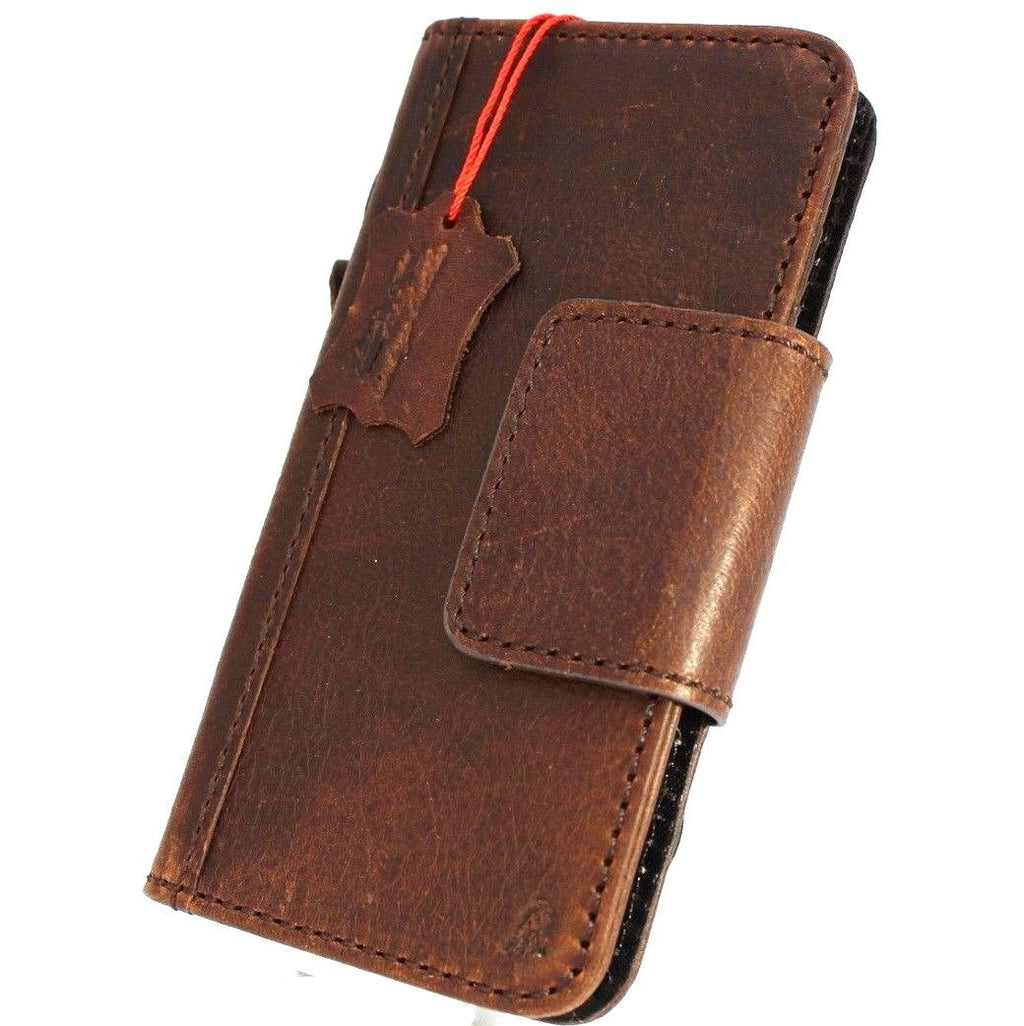 Dark brown genuine leather Samsung Galaxy S9 wallet case with handmade design, magnetic closure, and oiled finish by DAVISCASE.