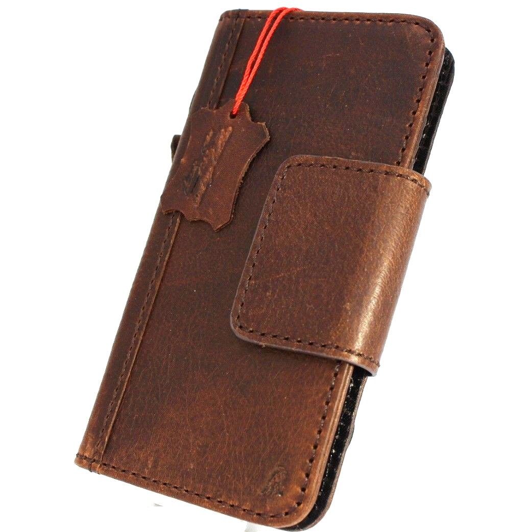Dark brown genuine leather Samsung Galaxy S9 wallet case with handmade design, magnetic closure, and oiled finish by DAVISCASE.