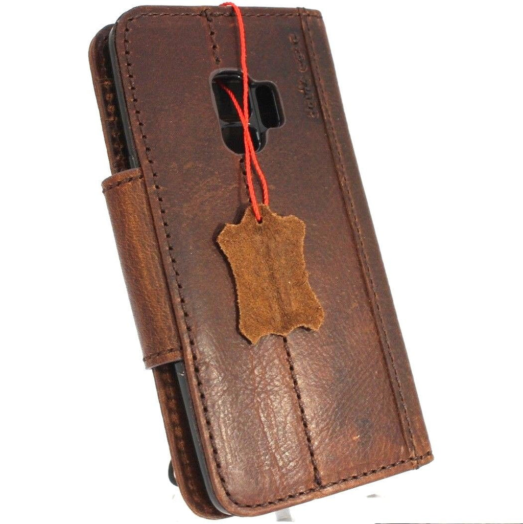 Dark brown handmade leather phone case for Samsung Galaxy S9 with Jafo design, magnetic closure, and wallet-style craftsmanship by DAVISCASE.