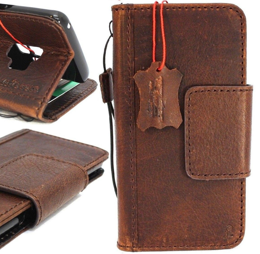 Dark brown genuine leather wallet case for Samsung Galaxy S9 by DAVISCASE, with magnetic closure and handmade oiled finish.