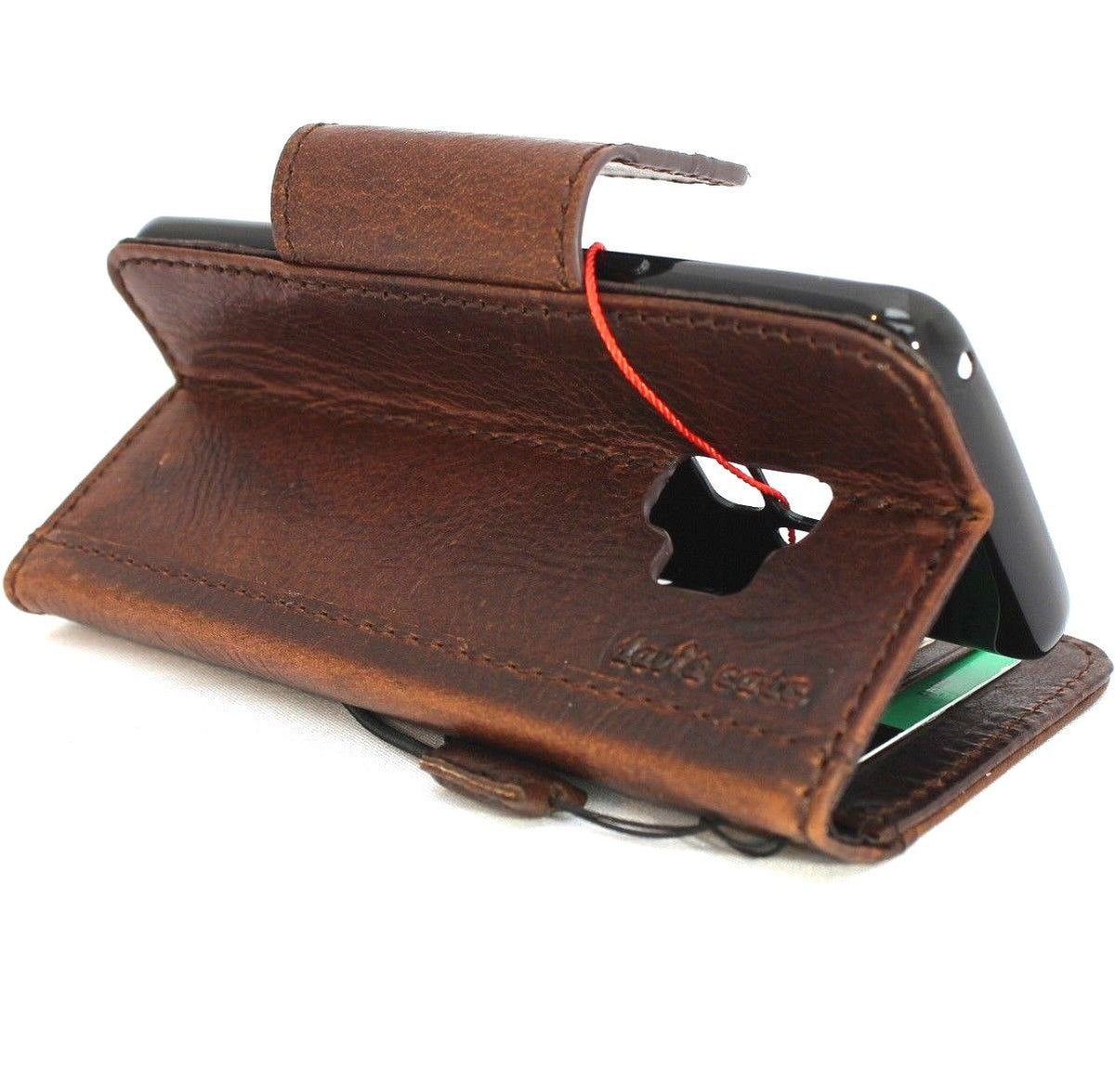 Dark brown genuine leather wallet phone case for Samsung Galaxy S9 by DAVISCASE with magnetic closure and handcrafted design.