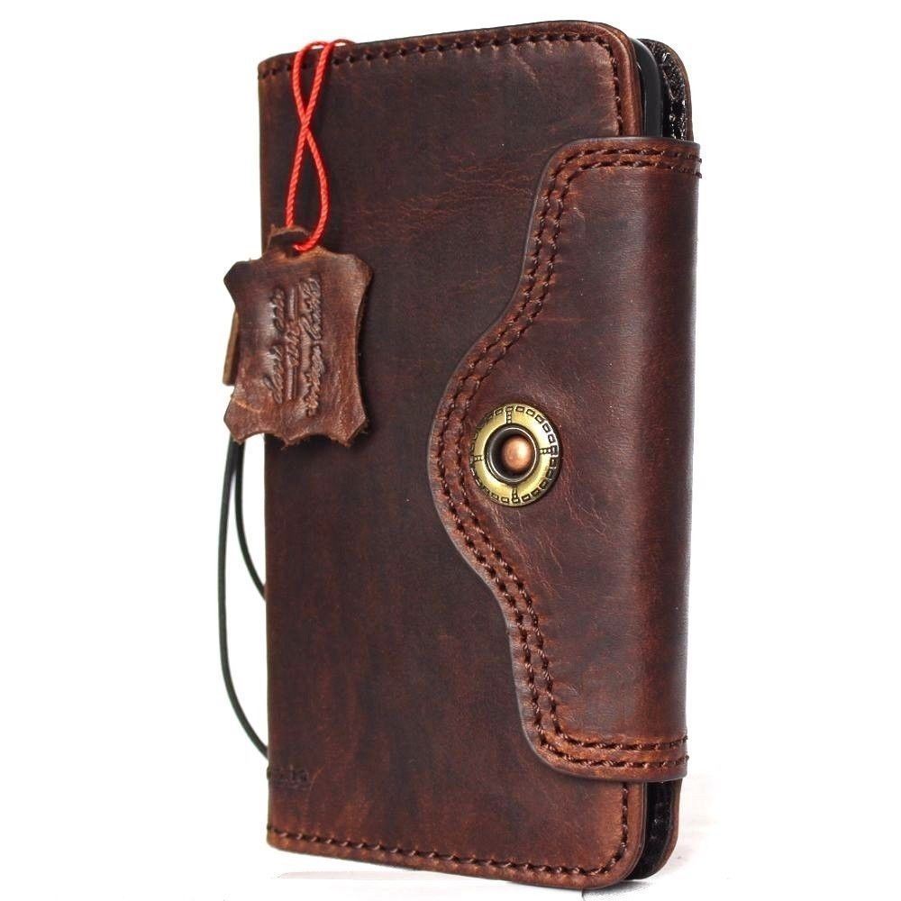 Bright brown genuine leather iPhone XS case with wallet design, card slots, slim fit, vintage style, suitable for wireless charging.