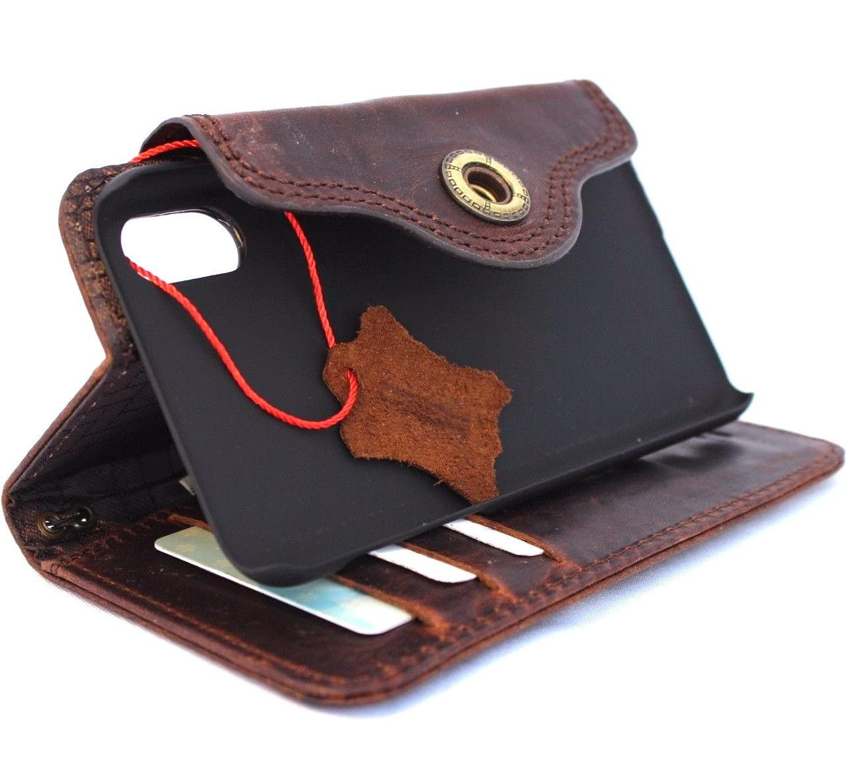 Bright brown genuine leather iPhone XS wallet case with card slots, slim vintage design, handmade by vendor-unknown.