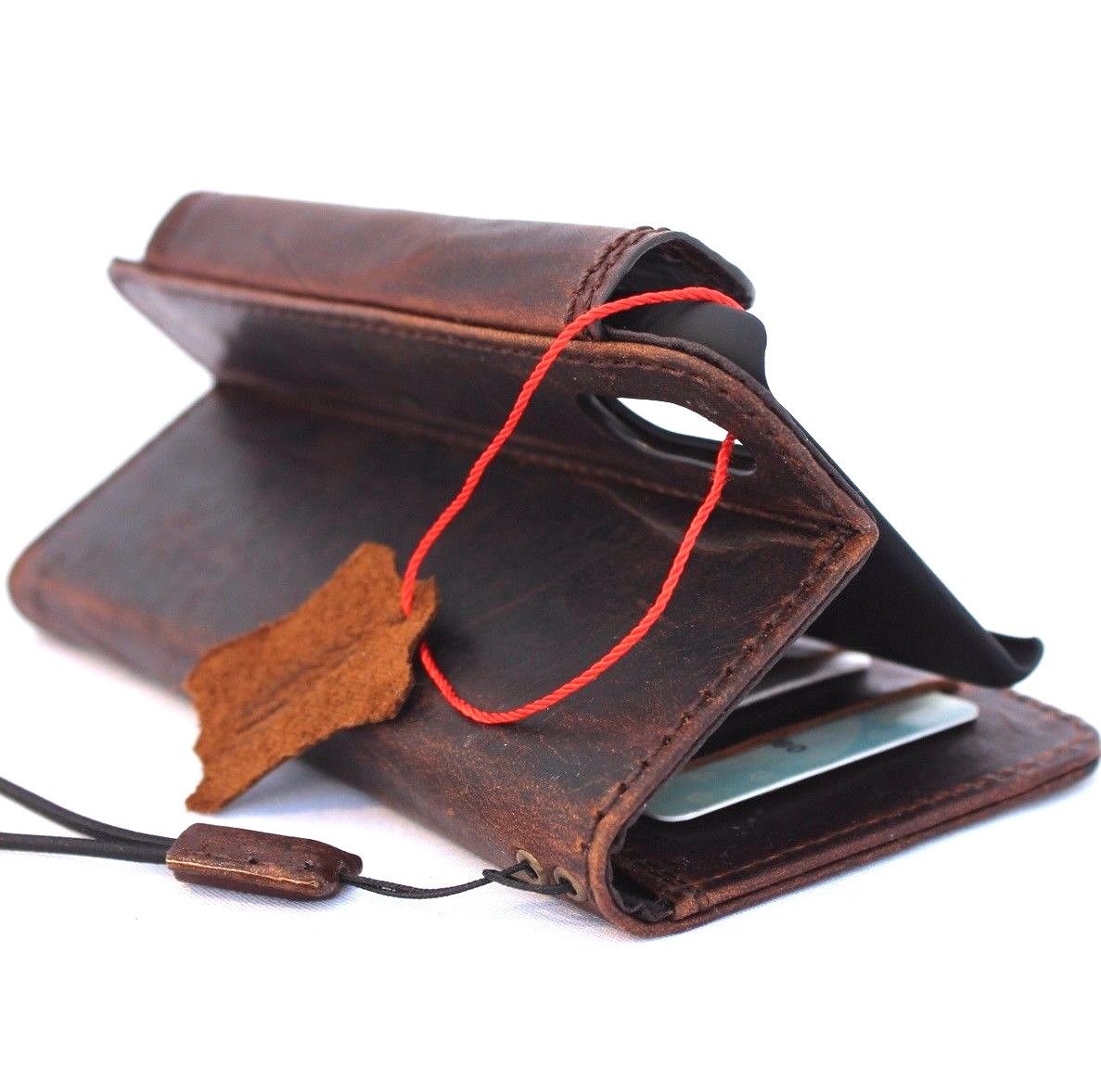 Bright brown genuine leather iPhone XS wallet case with card slots, vintage style, slim design, handmade, compatible with wireless charging