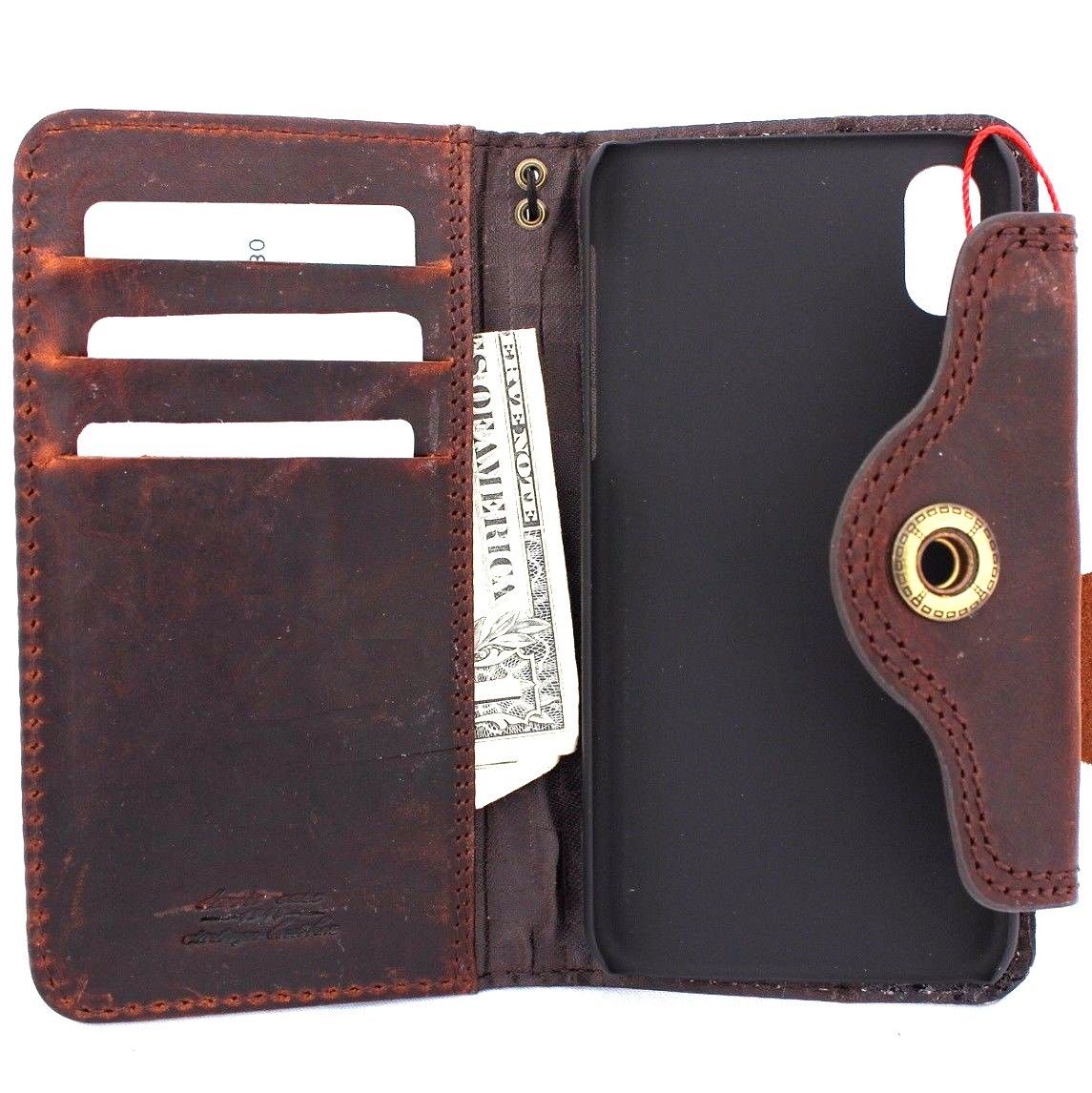 Bright brown genuine leather iPhone X wallet case with card slots, slim vintage design, handmade, compatible with wireless charging.