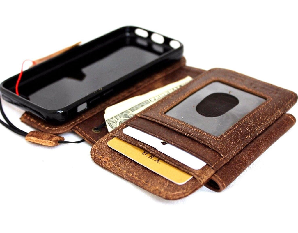 Genuine full leather iPhone SE 5c/5s wallet case with magnetic removable cover and credit card slots, dark brown color.