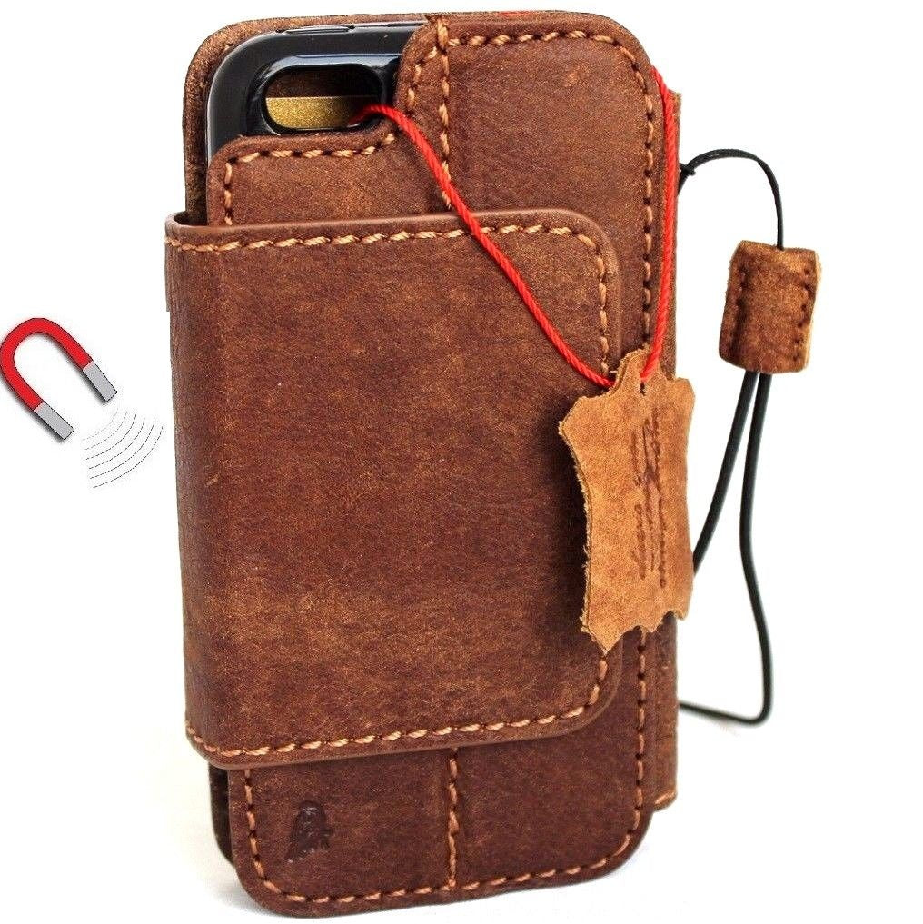 Genuine full leather iPhone SE 5c/5s wallet case with magnetic detachable cover and credit card slots, black color.