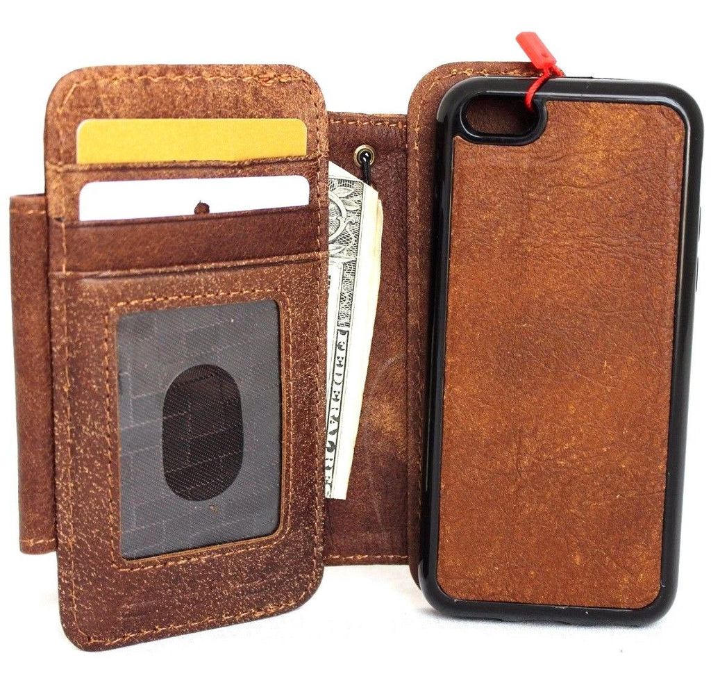 Genuine full leather iPhone SE 5c/5s wallet case with magnetic removable cover and credit card slots, black color.