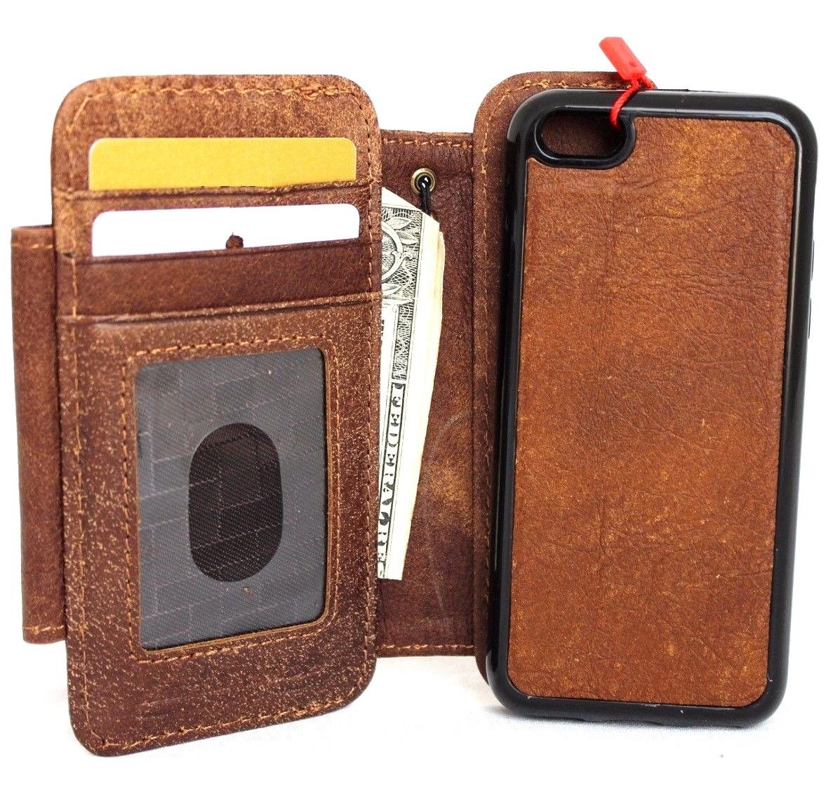 Genuine full leather iPhone SE 5c/5s wallet case with magnetic removable cover and credit card slots, black color.