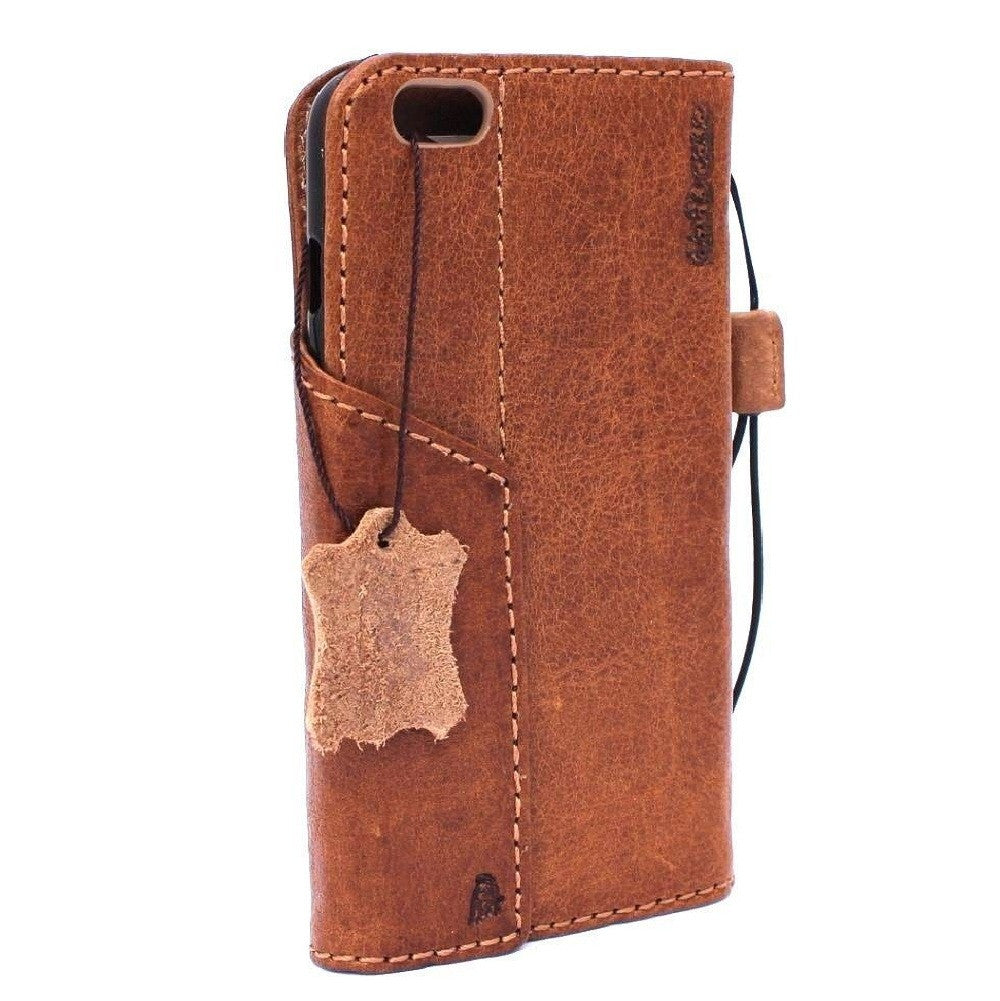 Handmade genuine leather iPhone 8 Plus case with magnetic wallet and credit holder, featuring a luxury book-style design.